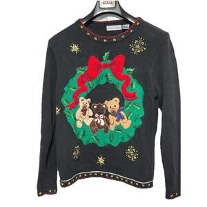 Victoria Jones Christmas Sweater Beaded Vintage Teddy Bear Embroidered Wreath Sm